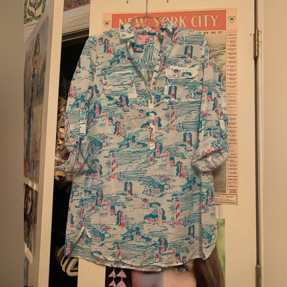 Lily Pulitzer Cotton Tunic with Lighthouse Pattern - white/pink/blue (S)